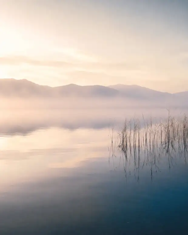 Paisagem serena de lago ao amanhecer, com névoa suave sobre a água, transmitindo calma e clareza
